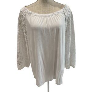Talbots White Talbots Womens Lace Sleeve Top With Elastic Neckline Size L